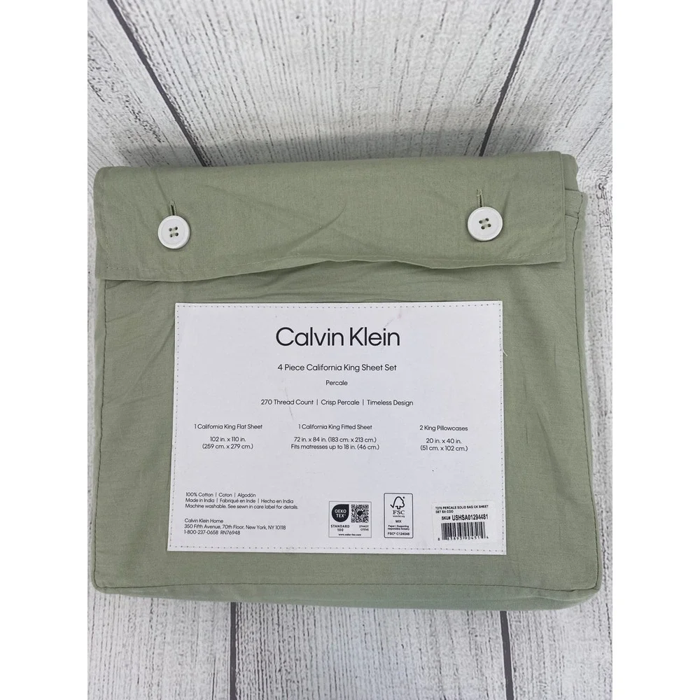 Calvin Klein Sheet Set California King Sage Green 100% Cotton Percale 270TC 4pc